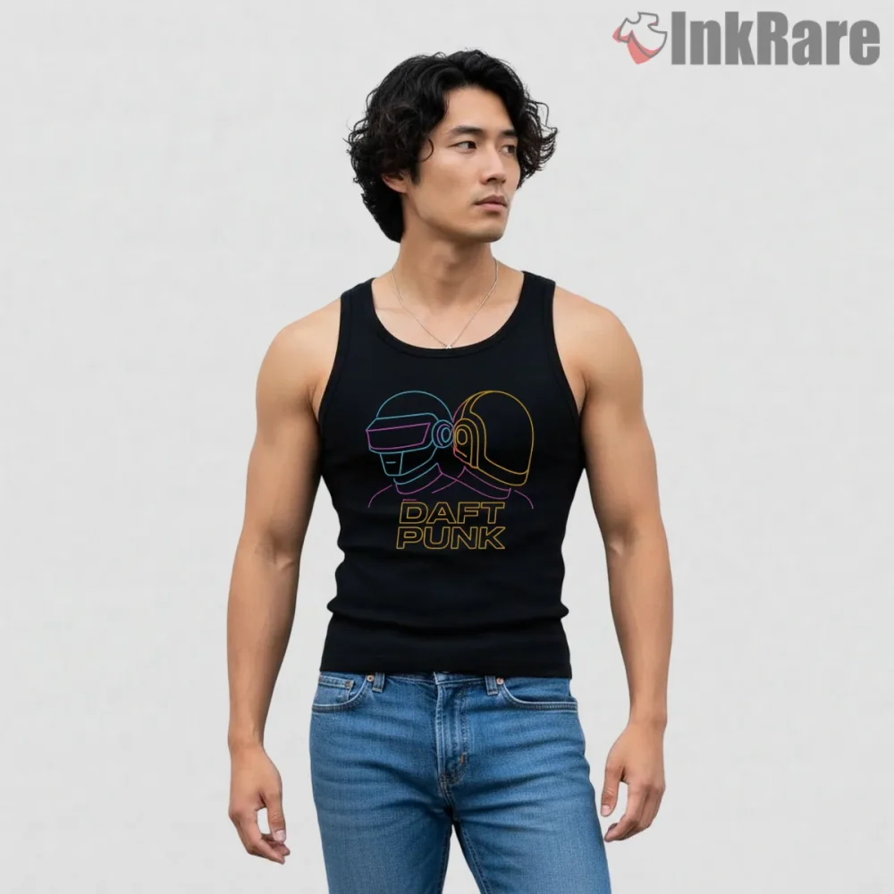Daft Punk Neon Outline Retro Wave Shirt on black tank top for men graphic tee