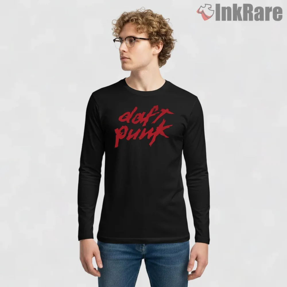 Daft Punk Red Graffiti Logo Shirt on black long sleeve shirt for men graphic tee