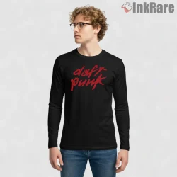 Daft Punk Red Graffiti Logo Shirt on black long sleeve shirt for men graphic tee