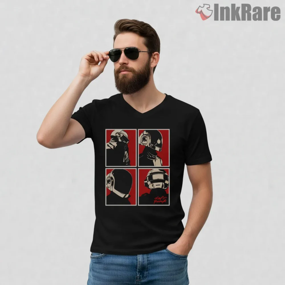 Daft Punk Retro Helmet Portrait Grid Shirt on black v-neck shirt for men graphic tee