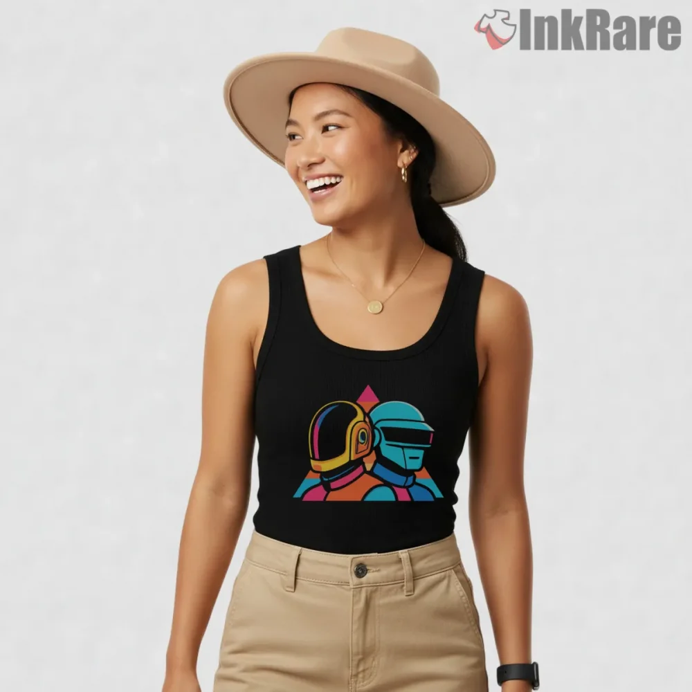 Daft Punk Synthwave Duo Illustration Shirt on black tank top for women graphic tee