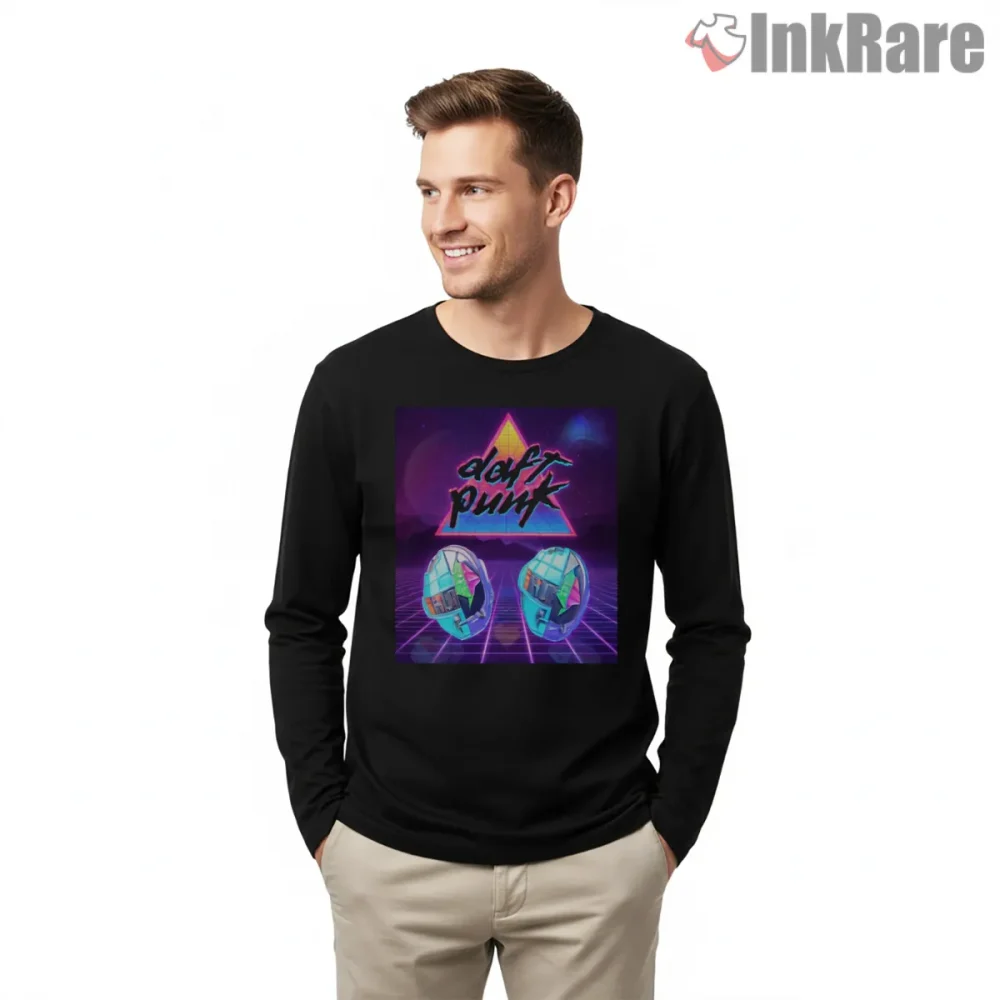Daft Punk Synthwave Neon Grid Shirt on black long sleeve shirt for men graphic tee