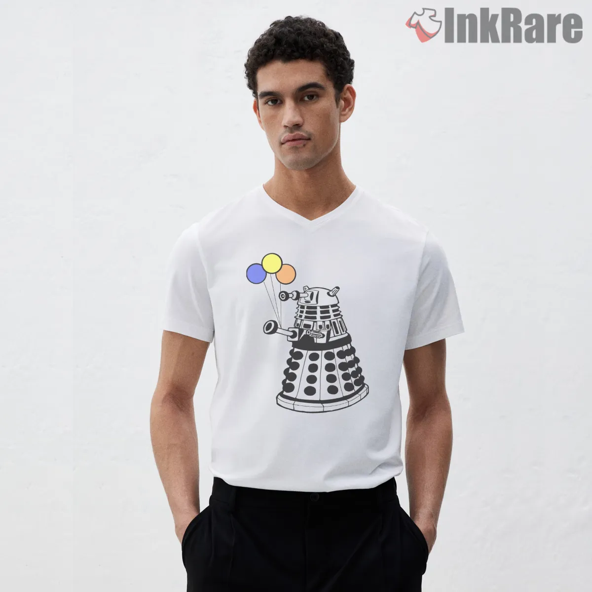 Dalek Birthday Balloons Cute Celebration Shirt on white v-neck shirt for men graphic tee
