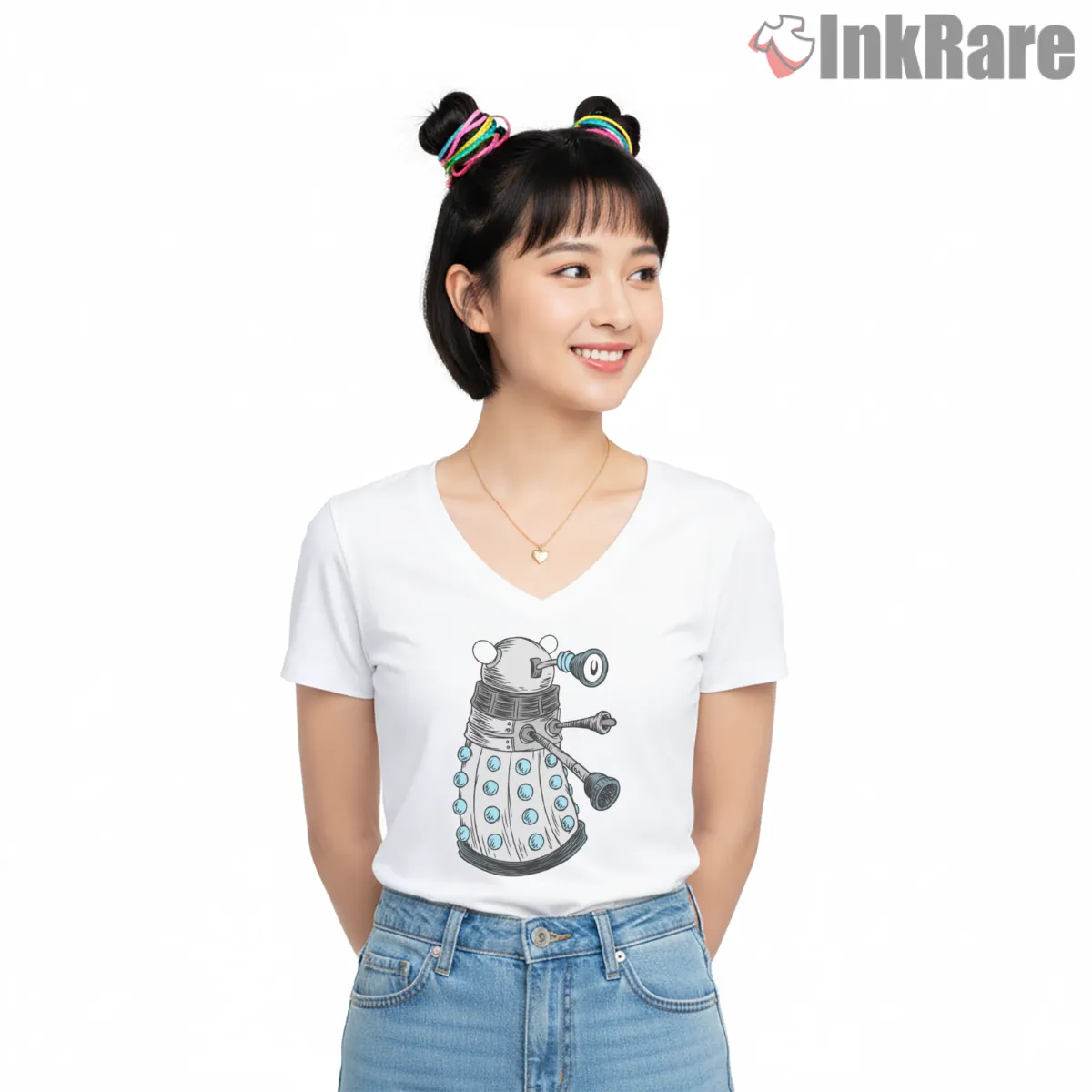 Dalek Conquer And Destroy Minimal Retro Graphic V Neck White Dalek Conquer And Destroy Minimal Retro Graphic Shirt on white v-neck shirt for women graphic tee