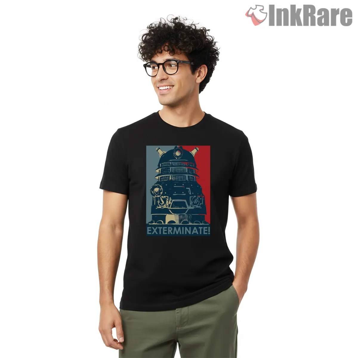 Dalek Exterminate Vintage Propaganda Style Short Sleeve Black Dalek Exterminate Vintage Propaganda Style Shirt on black short sleeve shirt for men graphic tee