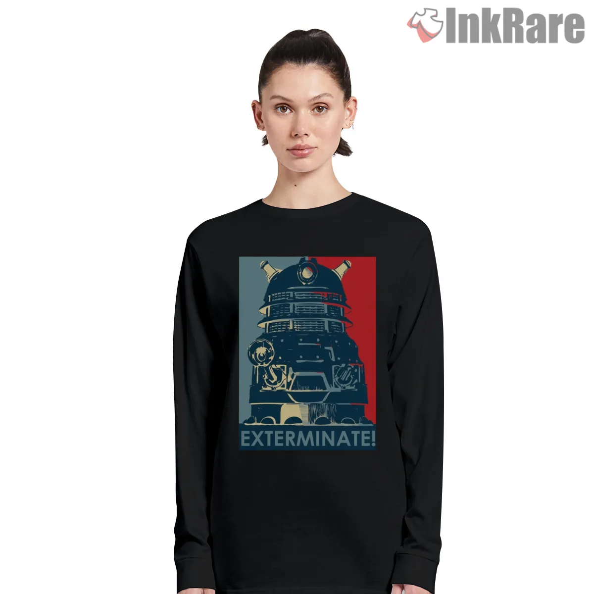 Dalek Exterminate Vintage Propaganda Style Long Sleeve Black Dalek Exterminate Vintage Propaganda Style Shirt on black long sleeve shirt for women graphic tee