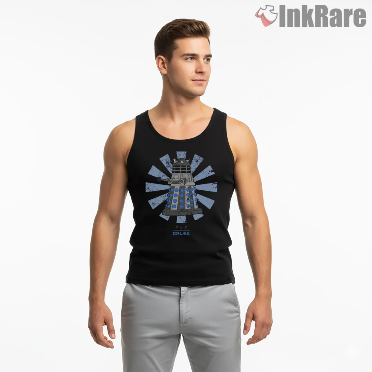 Dalek Retro Japanese Rising Sun Graphic Tank Top Black Dalek Retro Japanese Rising Sun Graphic Shirt on black tank top for men graphic tee