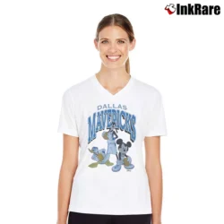 Women’s Dallas Mavericks Mickey Mouse Squad Basketball V-Neck Tee in white | Chic Neckline, Soft Texture