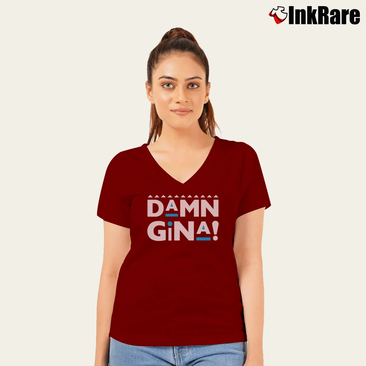 Damn Gina Martin Old School Comedy Women’s V-Neck Tee in maroon – Flattering Fit Women’s Damn Gina Martin Old School Comedy V-Neck Tee in maroon | Chic Neckline, Soft Texture