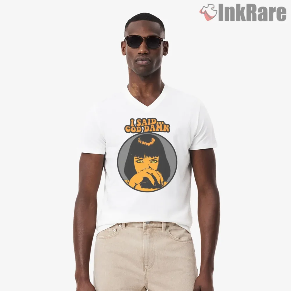 Damn Girl Mia Wallace Quote Shirt on white v-neck shirt for men graphic tee