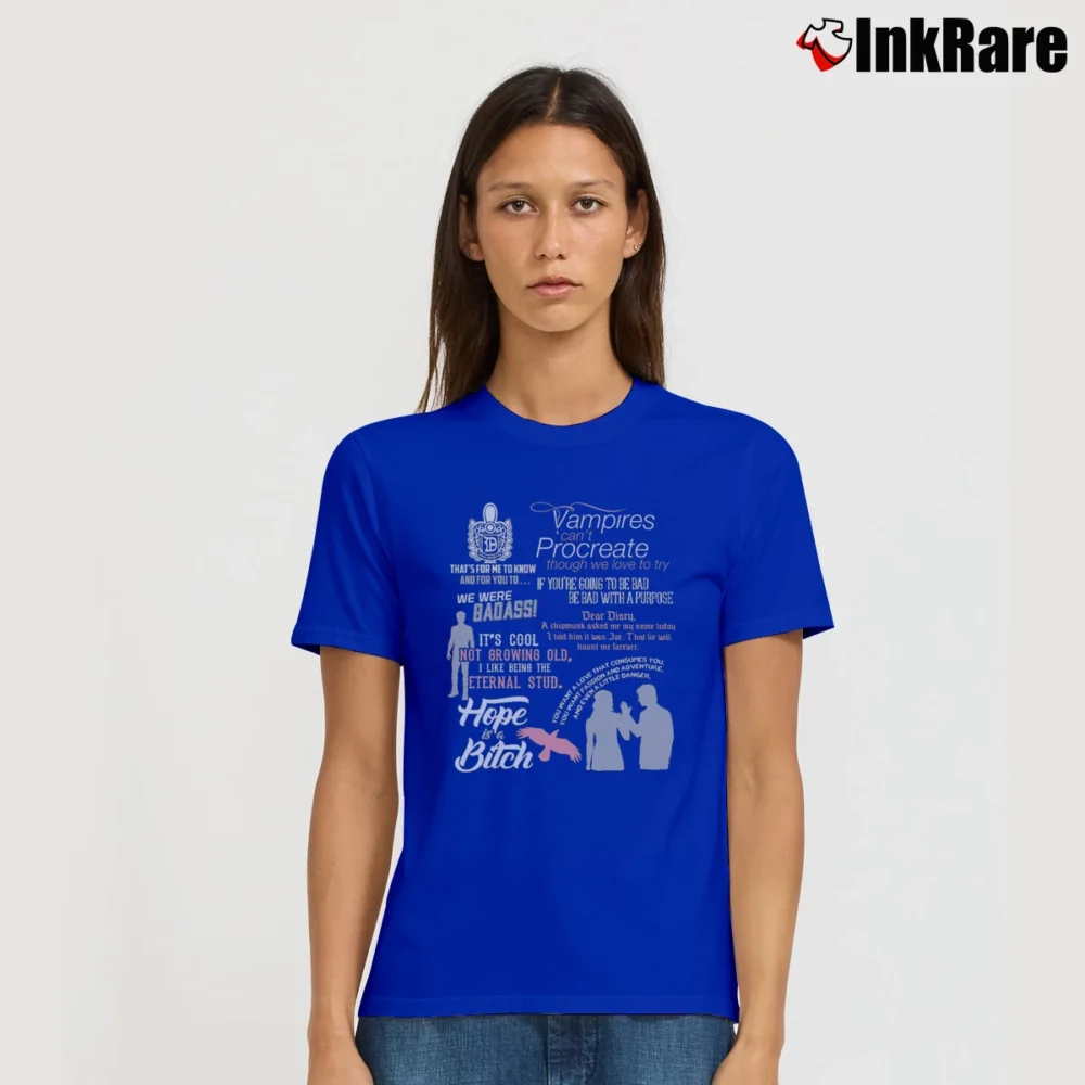 Women’s Damon Salvatore Vampire Diaries Quotes Signature T-Shirt in royal blue | Soft, Flattering Fit