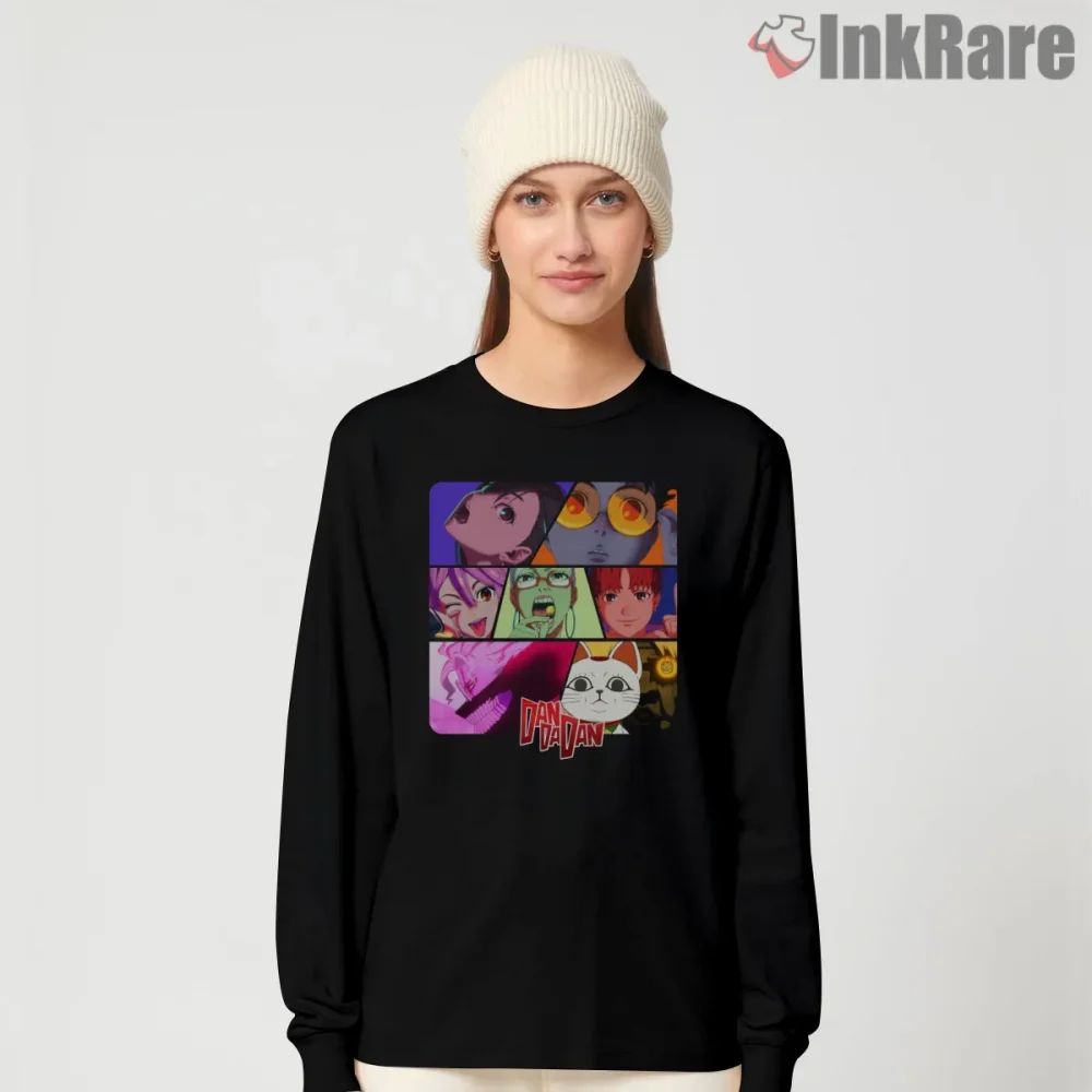 Dandadan Character Panel Collage Anime Shirt on black long sleeve shirt for women graphic tee