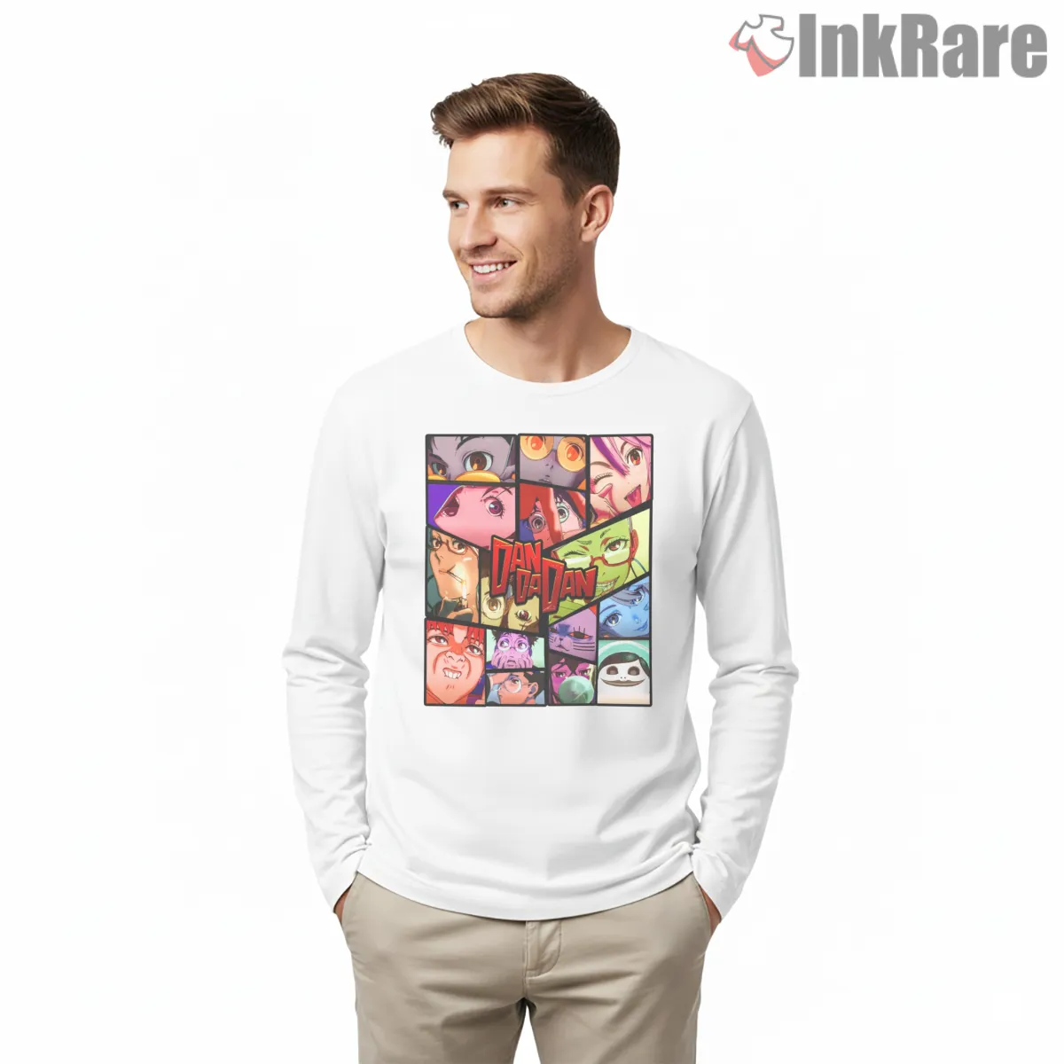 Dandadan Character Reaction Panel Collage Long Sleeve White Dandadan Character Reaction Panel Collage Shirt on white long sleeve shirt for men graphic tee