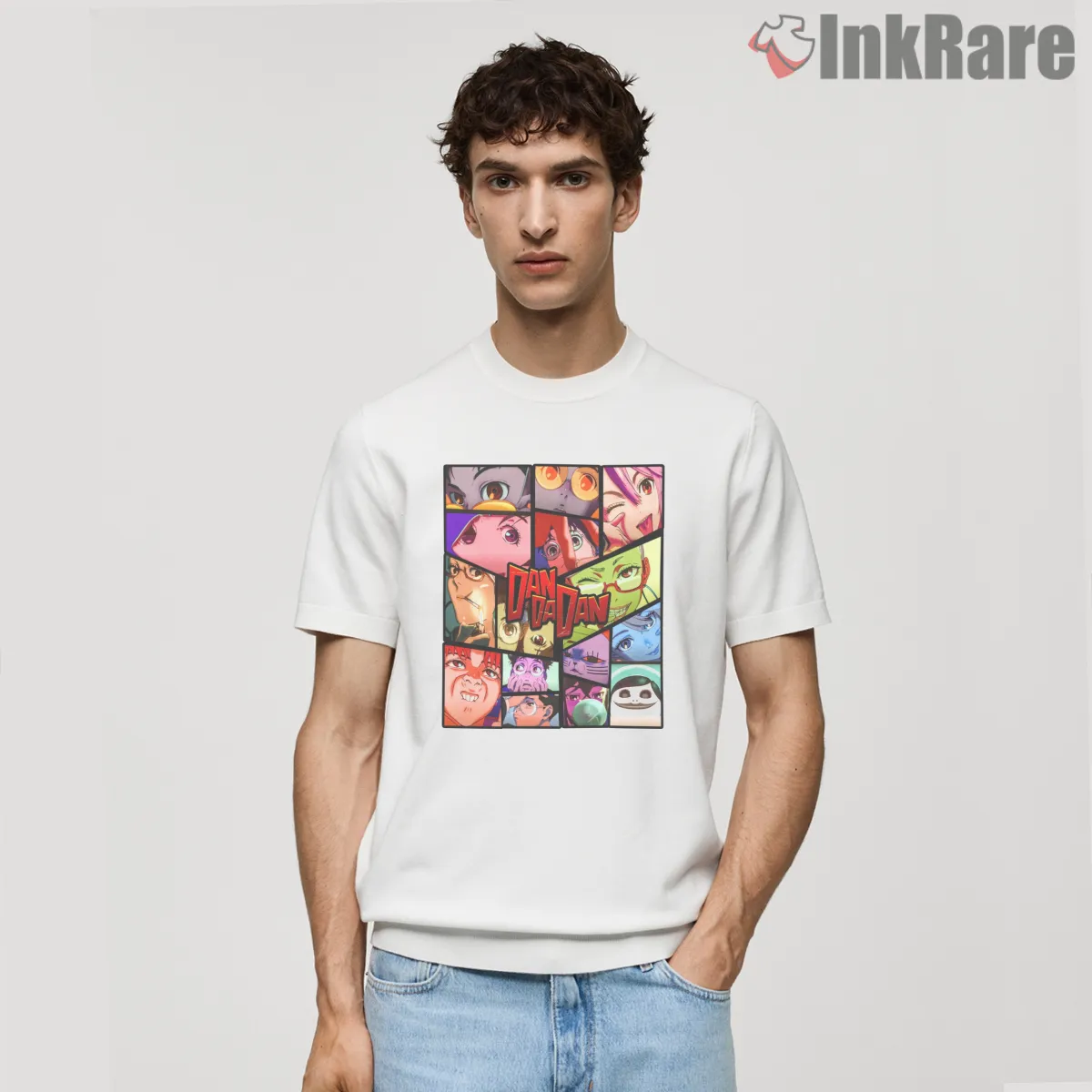 Dandadan Character Reaction Panel Collage Shirt on white short sleeve shirt for men graphic tee