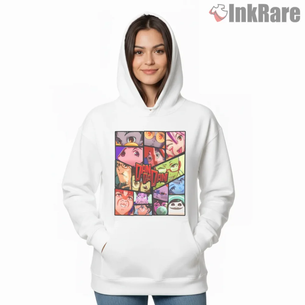 Dandadan Character Reaction Panel Collage Shirt on white hoodie for women graphic tee