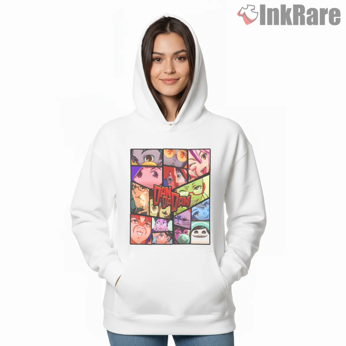 Dandadan Character Reaction Panel Collage Hoodie White Dandadan Character Reaction Panel Collage Shirt on white hoodie for women graphic tee