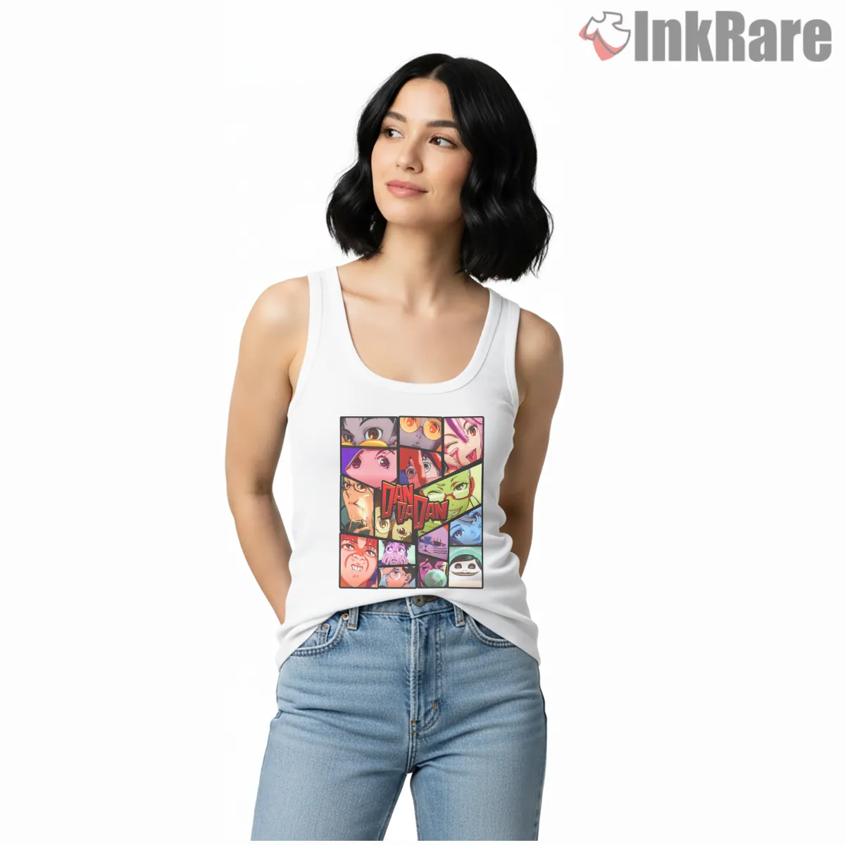 Dandadan Character Reaction Panel Collage Tank Top White Dandadan Character Reaction Panel Collage Shirt on white tank top for women graphic tee