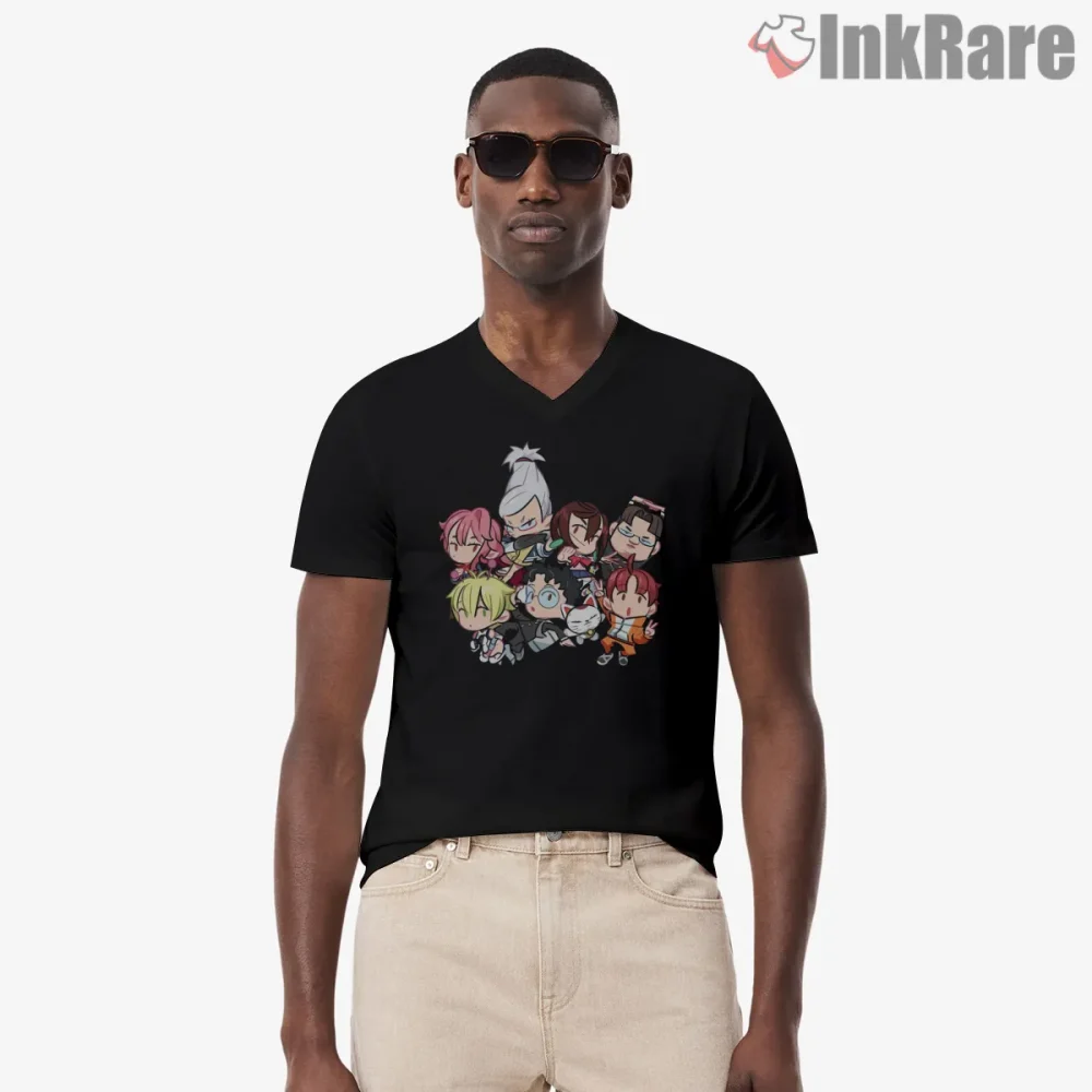 Dandadan Chibi Character Squad Anime Shirt on black v-neck shirt for men graphic tee