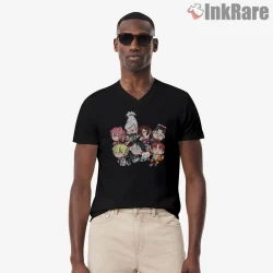 Dandadan Chibi Character Squad Anime Shirt on black v-neck shirt for men graphic tee