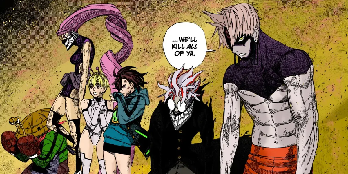 The main Dandadan cast standing together before a big supernatural battle