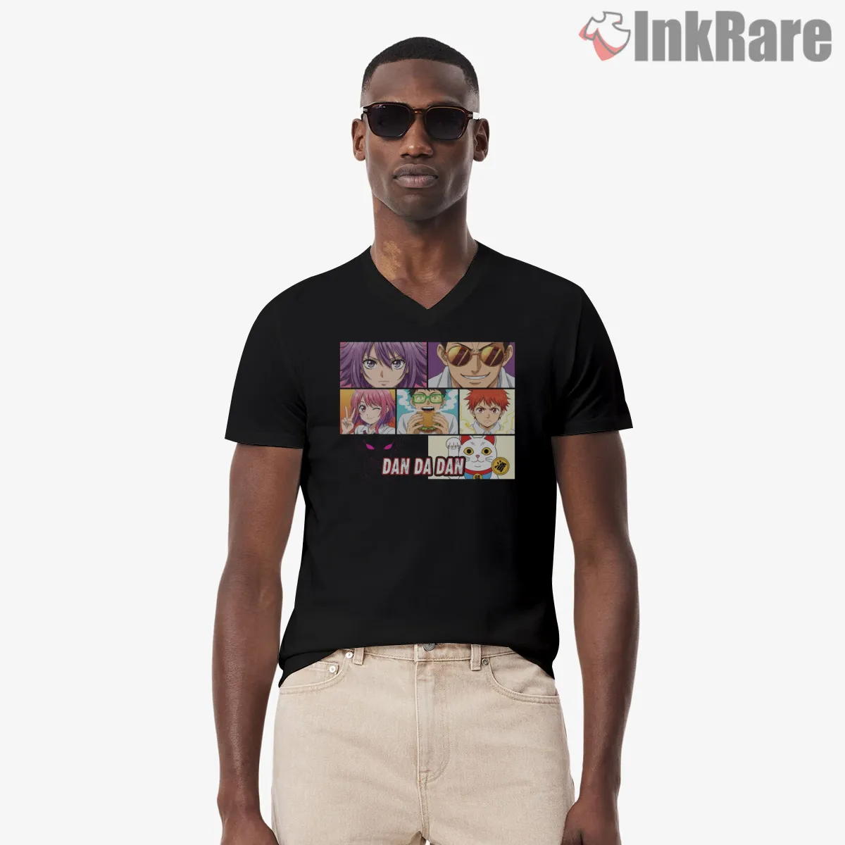 Dandadan Main Cast Manga Panel Collage V Neck Black Dandadan Main Cast Manga Panel Collage Shirt on black v-neck shirt for men graphic tee