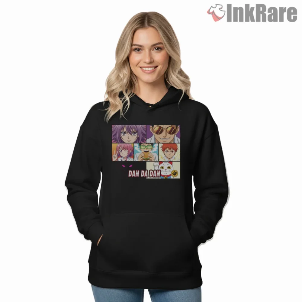 Dandadan Main Cast Manga Panel Collage Shirt on black hoodie for women graphic tee