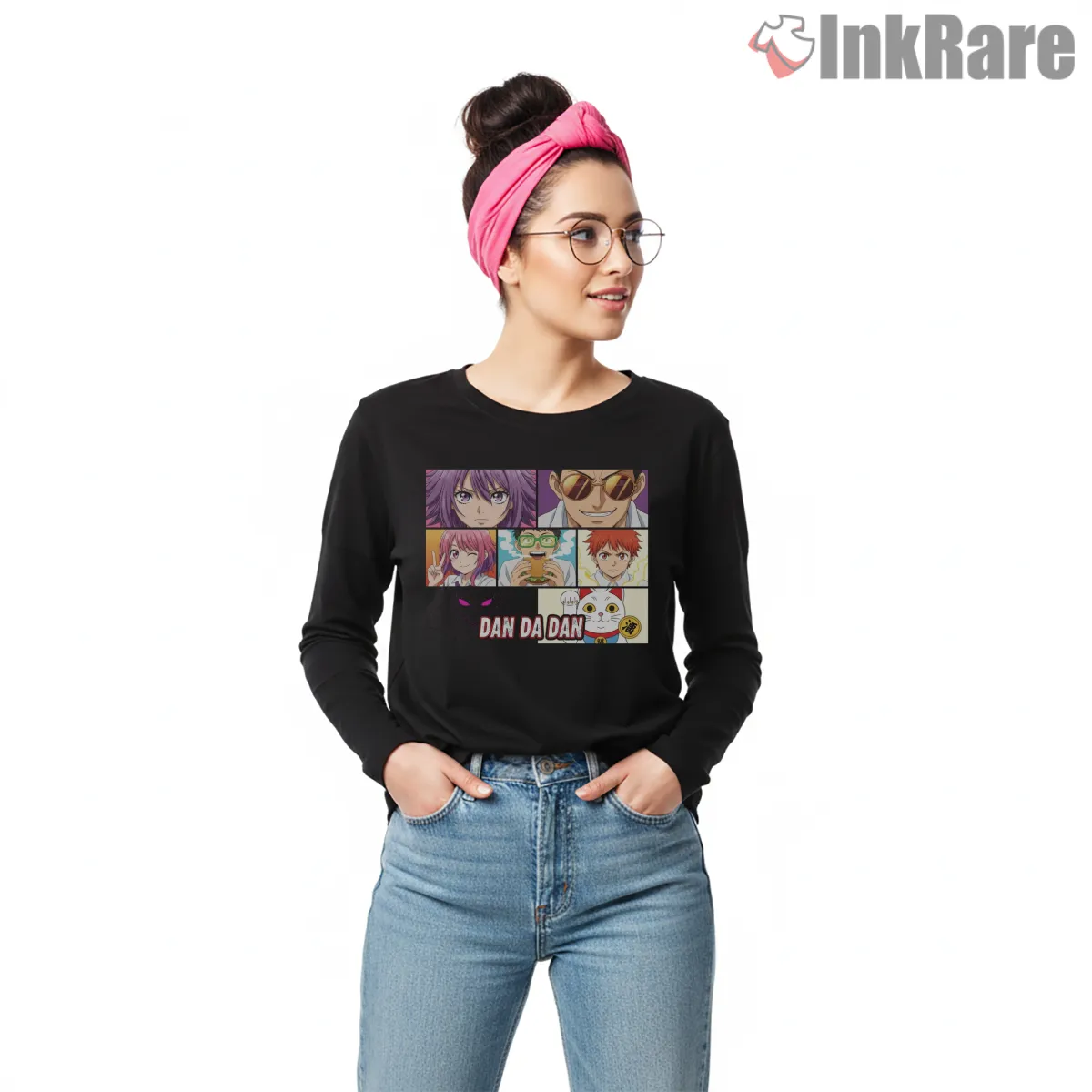 Dandadan Main Cast Manga Panel Collage Shirt on black long sleeve shirt for women graphic tee