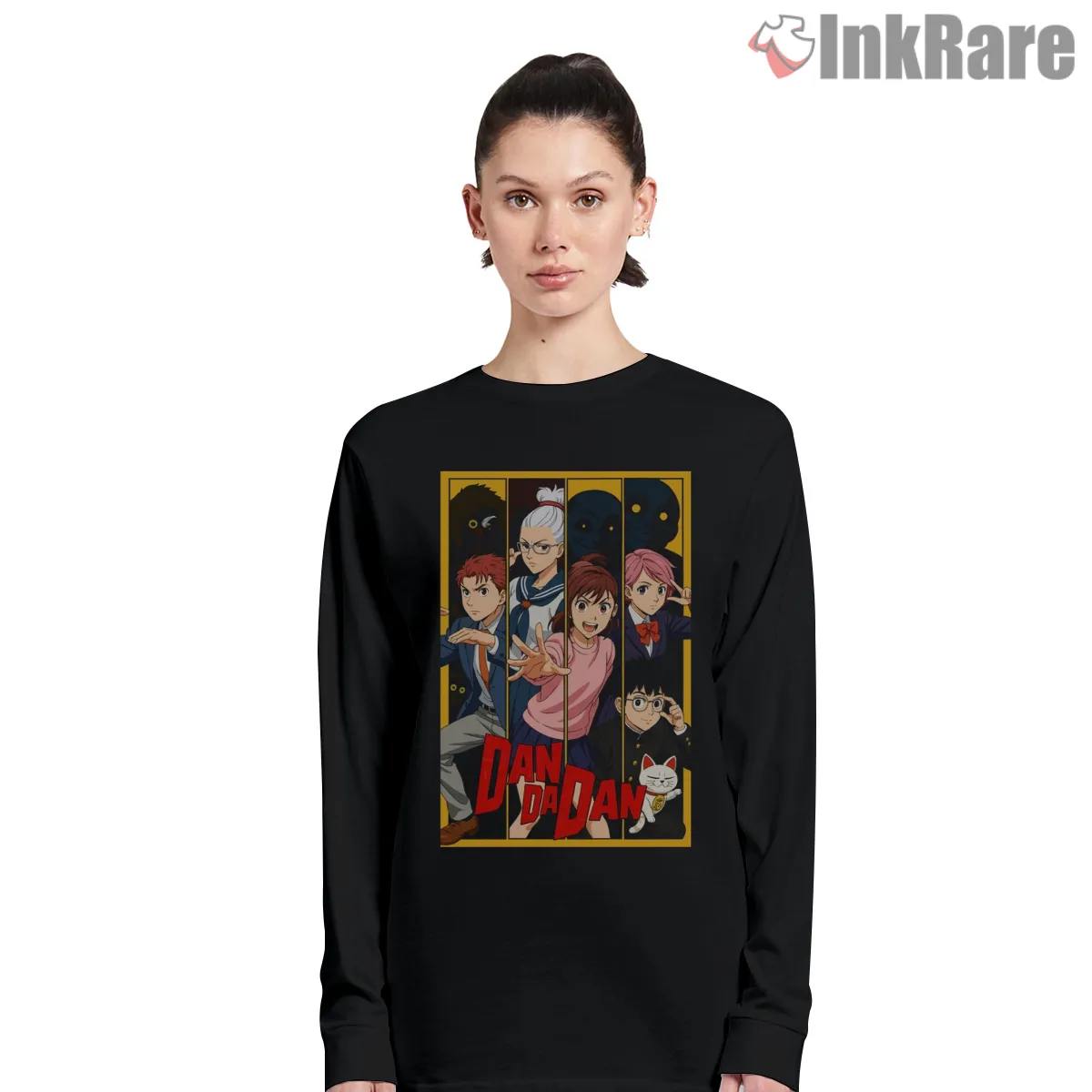 Dandadan Main Cast Vertical Anime Poster Long Sleeve Black Dandadan Main Cast Vertical Anime Poster Shirt on black long sleeve shirt for women graphic tee