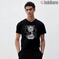 Dandadan Main Characters Manga Panel Art Shirt on black v-neck shirt for men graphic tee