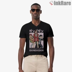 Dandadan Main Trio Anime Adventure Shirt on black v-neck shirt for men graphic tee