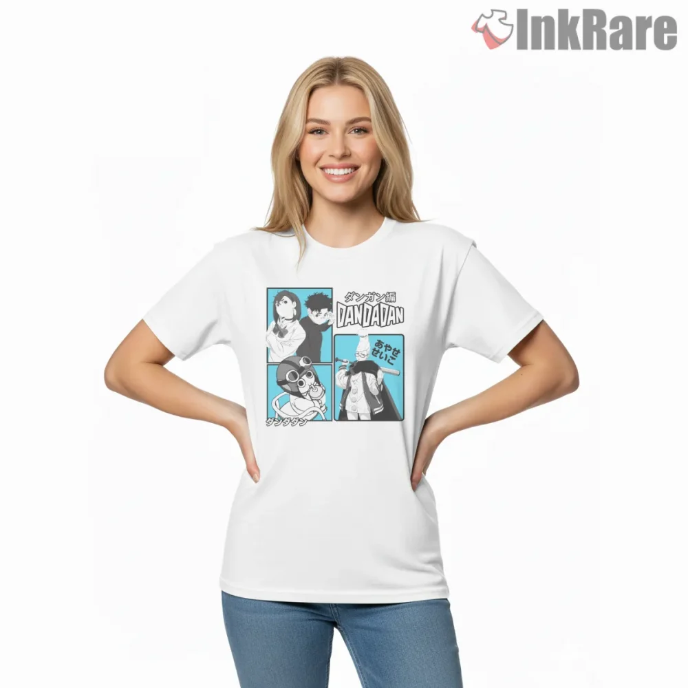 Dandadan Manga Panel Character Collage Shirt on white short sleeve shirt for women graphic tee