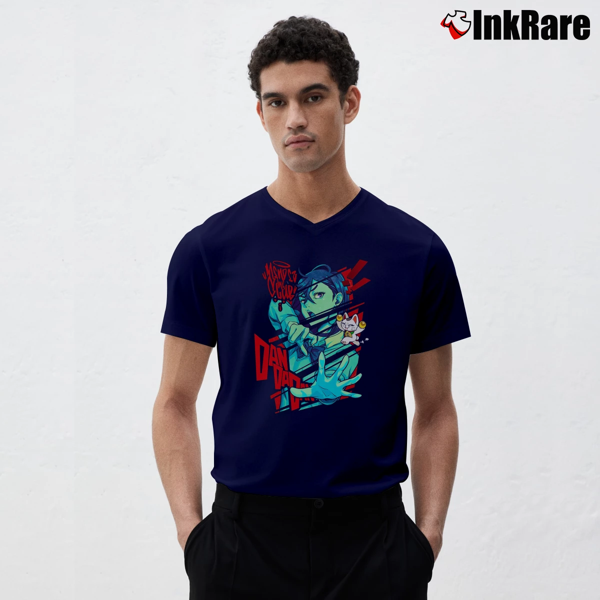 Men’s Dandadan Momo Ayase V-Neck Tee in navy | Sharp, Breathable, Everyday Staple