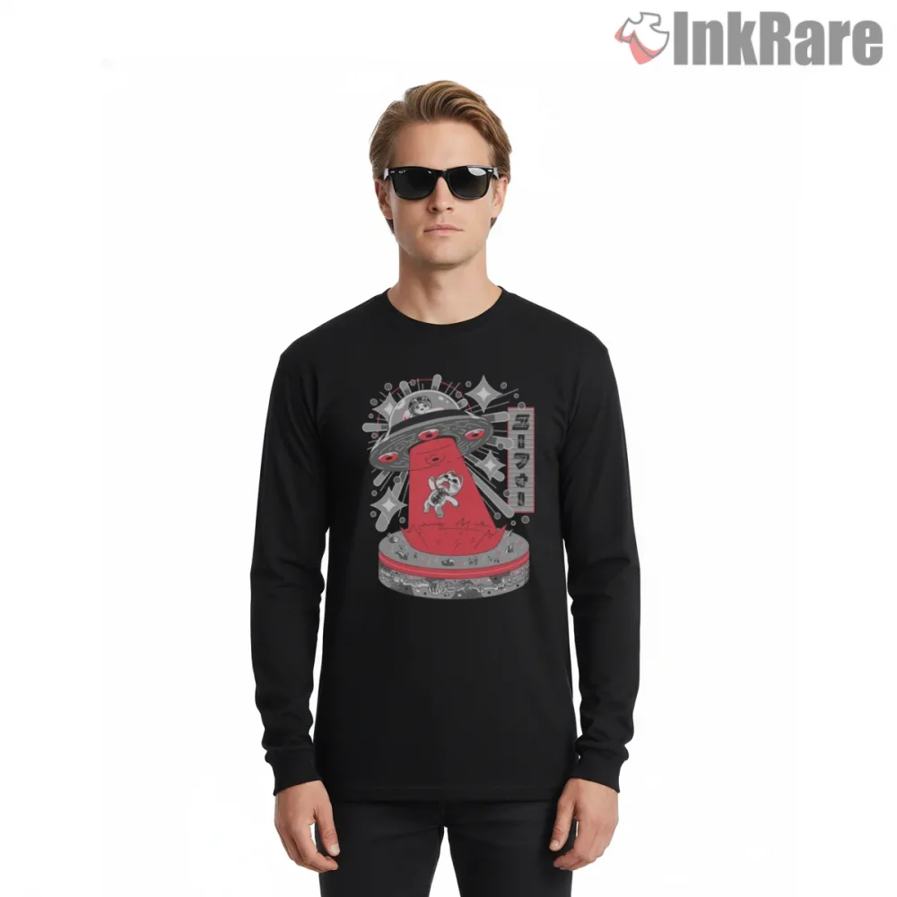 Dandadan Retro Ufo Abduction Anime Shirt on black long sleeve shirt for men graphic tee