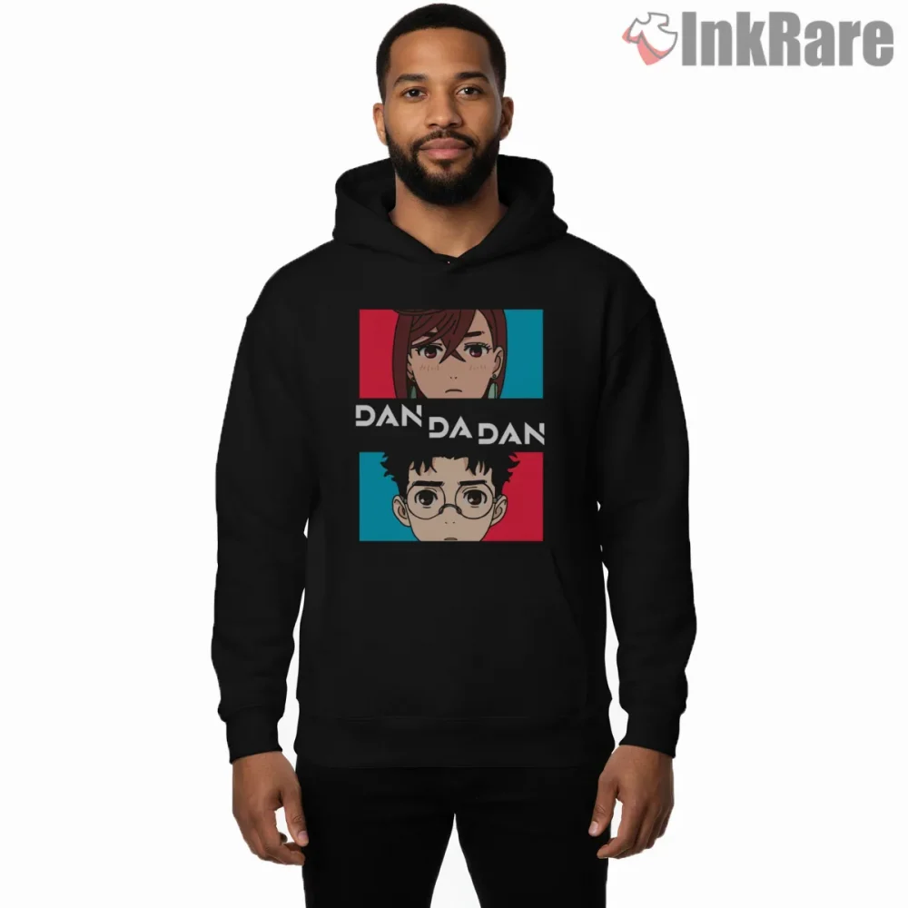 Dandadan Split Portrait Ken Takakura And Momo Ayase Shirt on black hoodie for men graphic tee