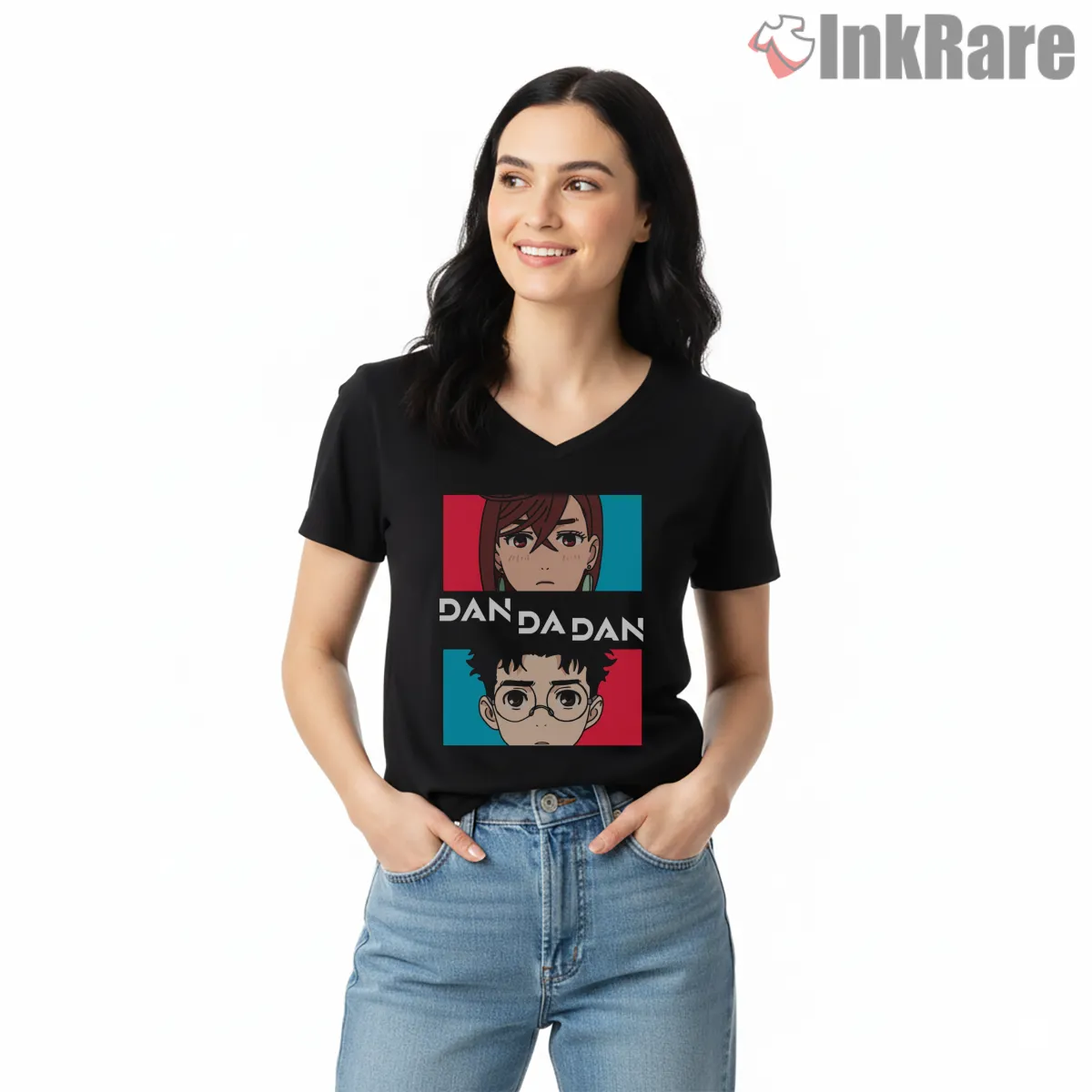 Dandadan Split Portrait Ken Takakura And Momo Ayase V Neck Black Dandadan Split Portrait Ken Takakura And Momo Ayase Shirt on black v-neck shirt for women graphic tee