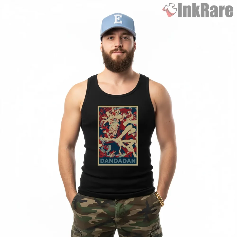 Dandadan Vintage Anime Action Poster Shirt on black tank top for men graphic tee