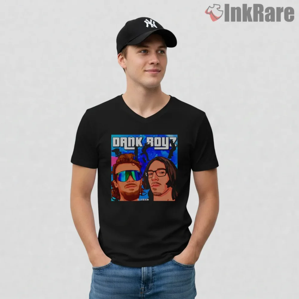 Dank Boy Meme Cartoon Portrait Gta Style Skate Shirt on black v-neck shirt for men graphic tee