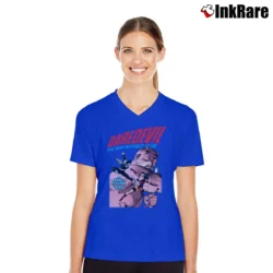 Women’s Daredevil Elektra Vs Bullseye Marvel Comics V-Neck Tee in royal blue | Chic Neckline, Soft Texture