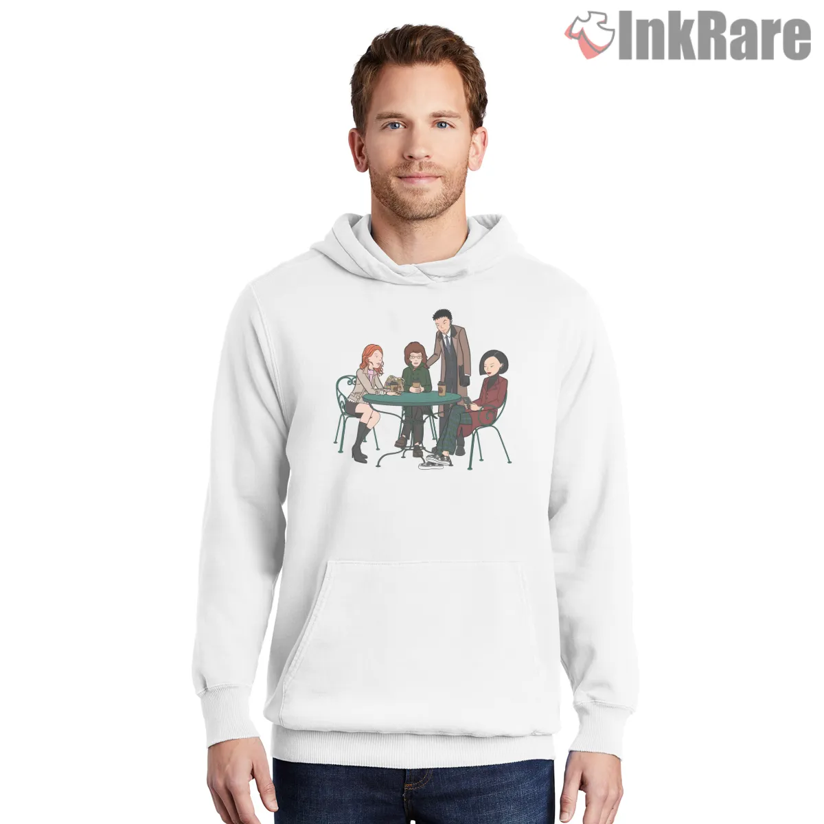 Daria Adult Age Cafe Scene Character Group Shirt on white hoodie for men graphic tee