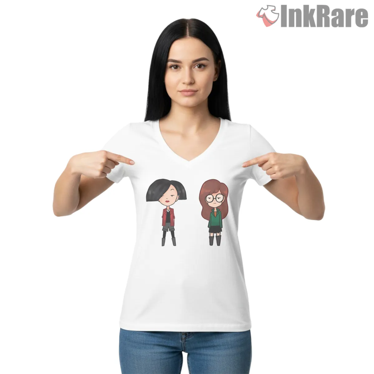 Daria And Jane Minimal Duo Standing Shirt on white v-neck shirt for women graphic tee