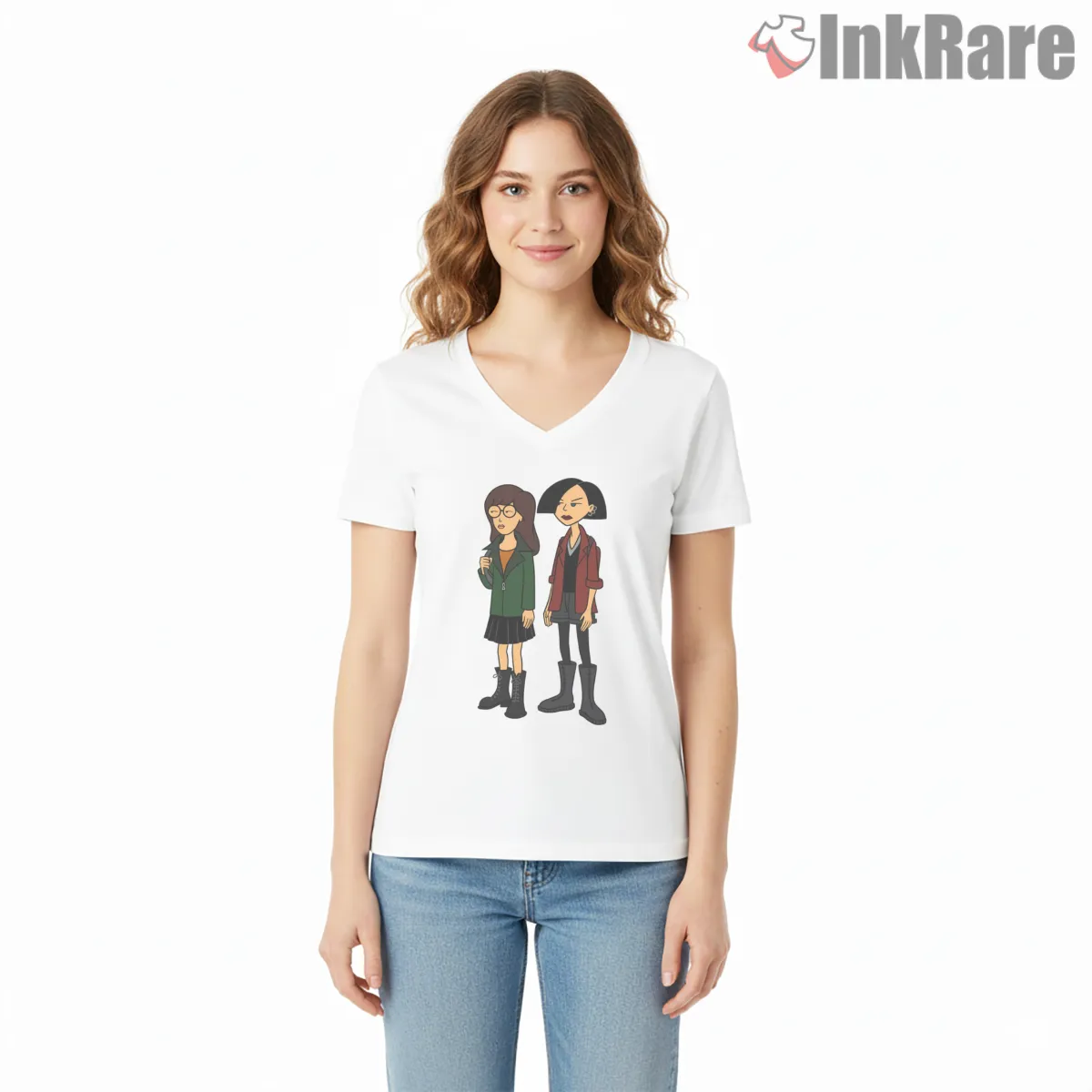Daria And Jane Standing Duo Minimal Shirt on white v-neck shirt for women graphic tee