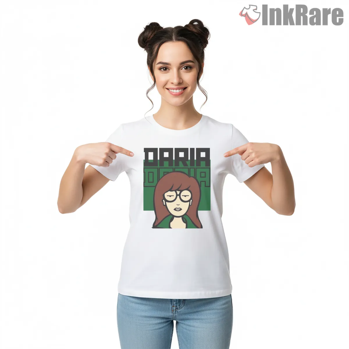 Daria Classic Portrait Green Background Shirt on white short sleeve shirt for women graphic tee