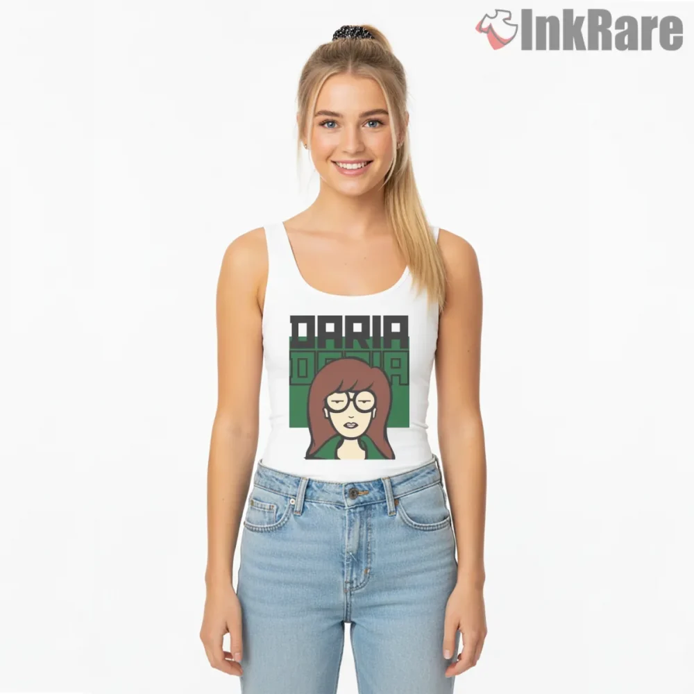 Daria Classic Portrait Green Background Shirt on white tank top for women graphic tee