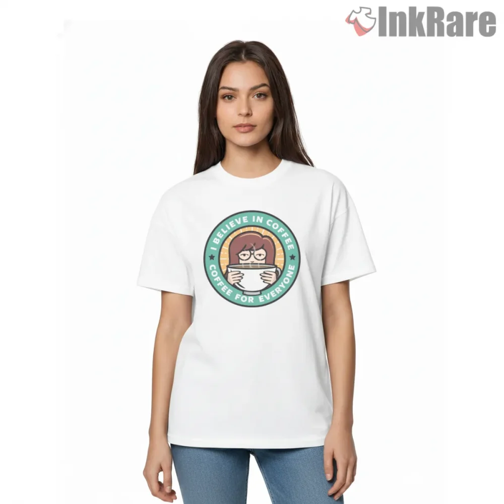 Daria Coffee For Everyone Circle Logo Shirt on white short sleeve shirt for women graphic tee