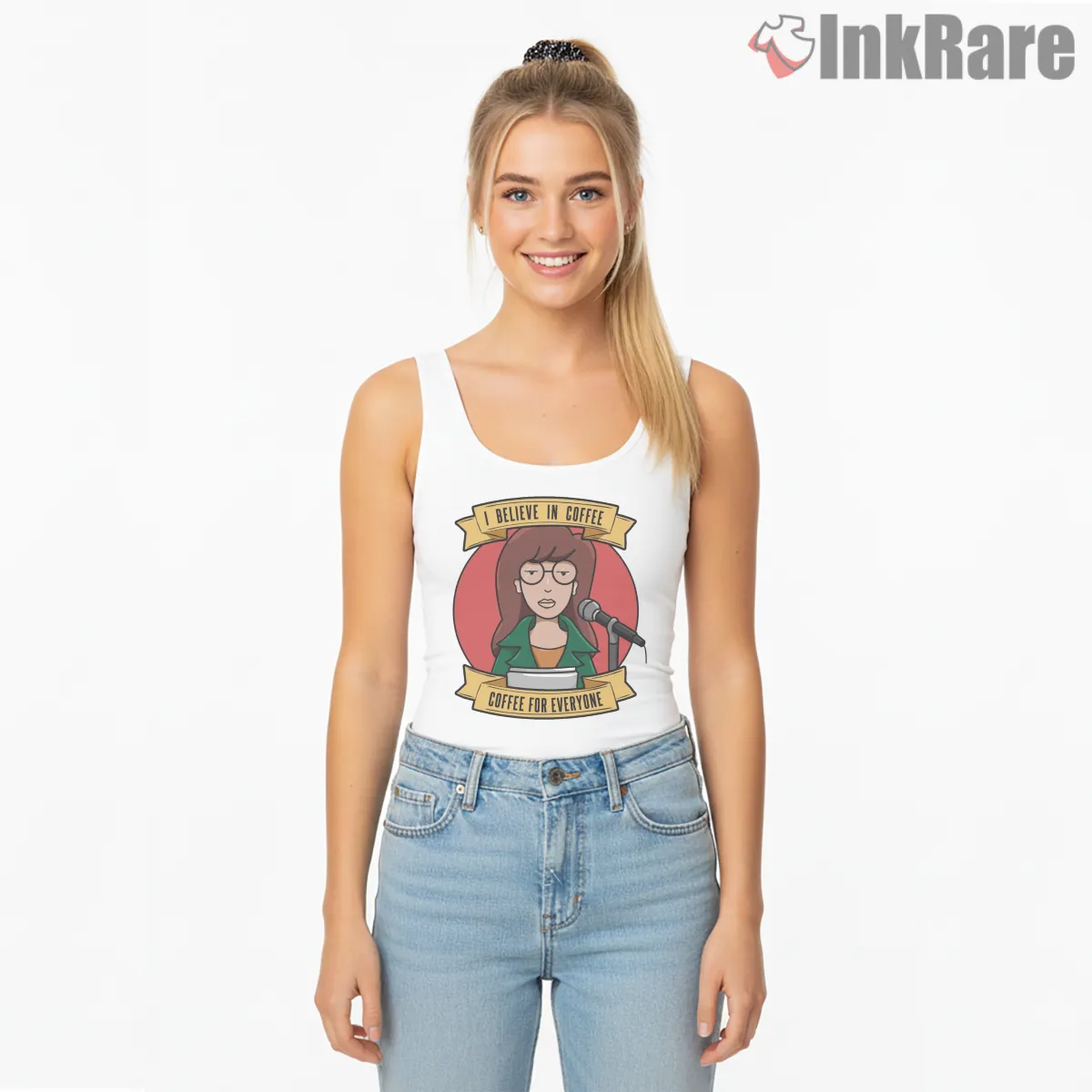 Daria Coffee For Everyone Microphone Badge Shirt on white tank top for women graphic tee