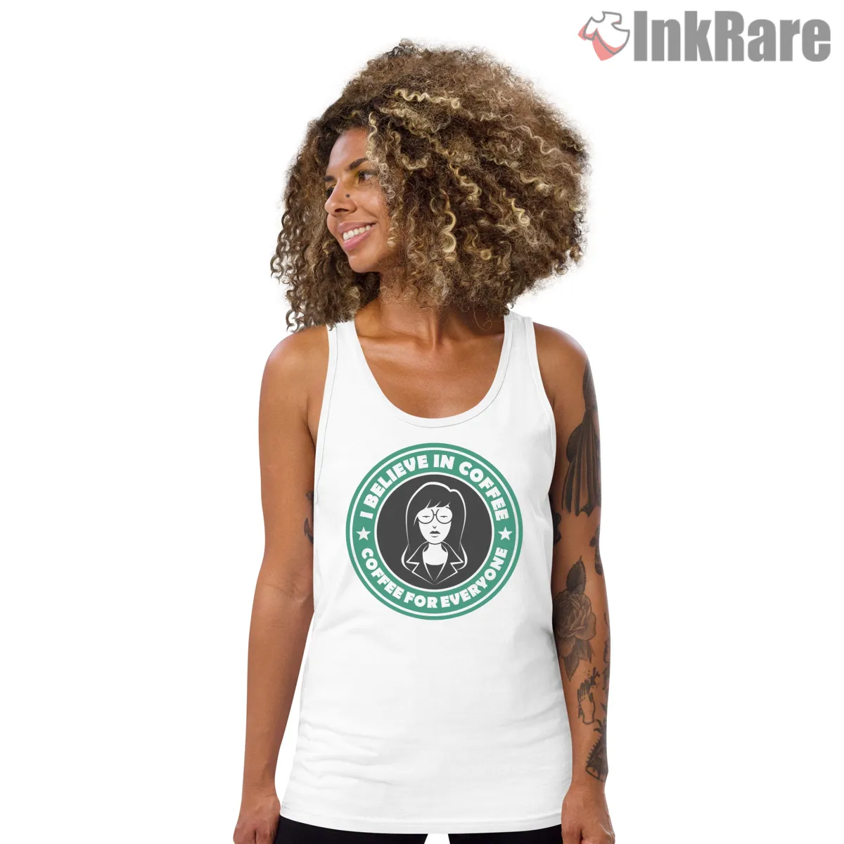 Daria Coffee Lover Circle Logo Parody Shirt on white tank top for women graphic tee