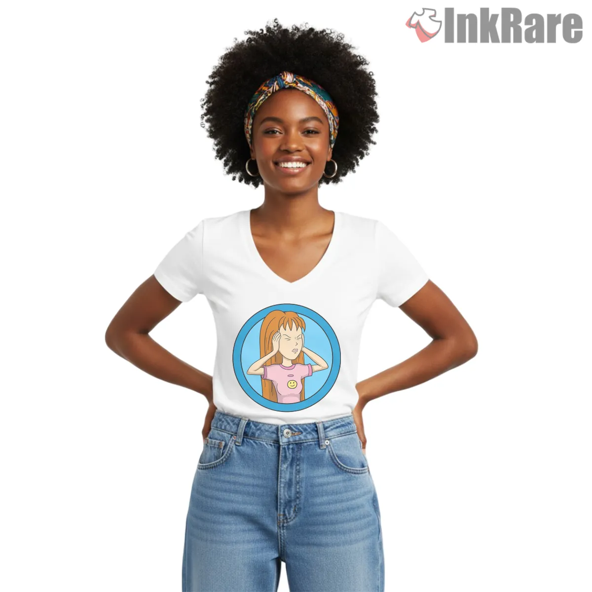 Daria Cute Cartoon Circle Portrait Calm Mood Shirt on white v-neck shirt for women graphic tee