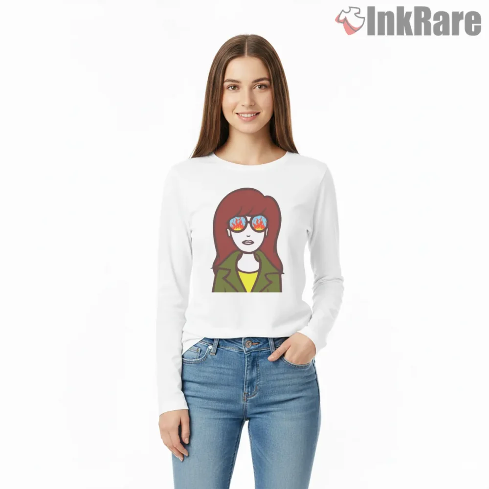 Daria Fire Reflection Sunglasses Bold Portrait Shirt on white long sleeve shirt for women graphic tee