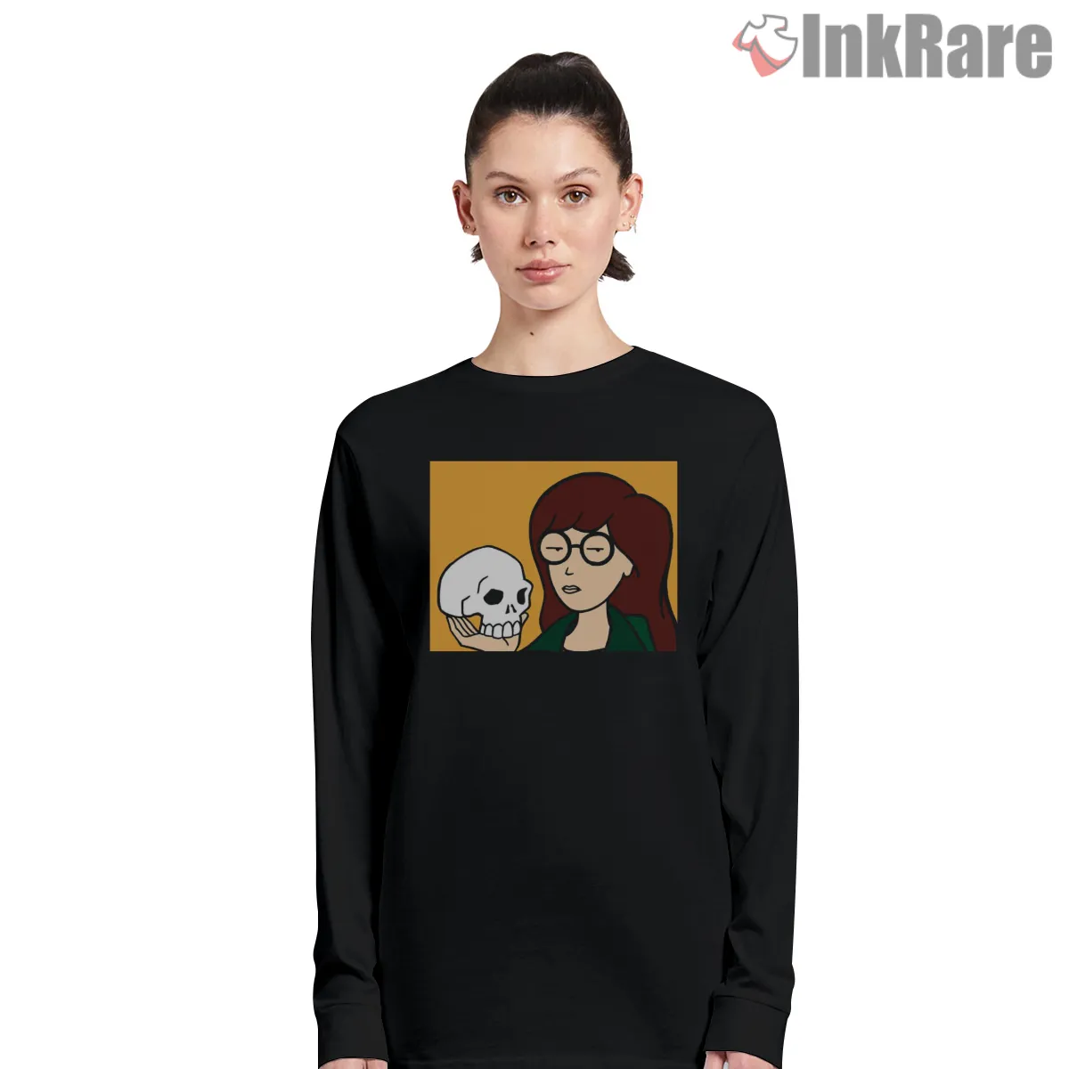 Daria Hamlet Skull Quote Parody Cartoon Shirt on black long sleeve shirt for women graphic tee