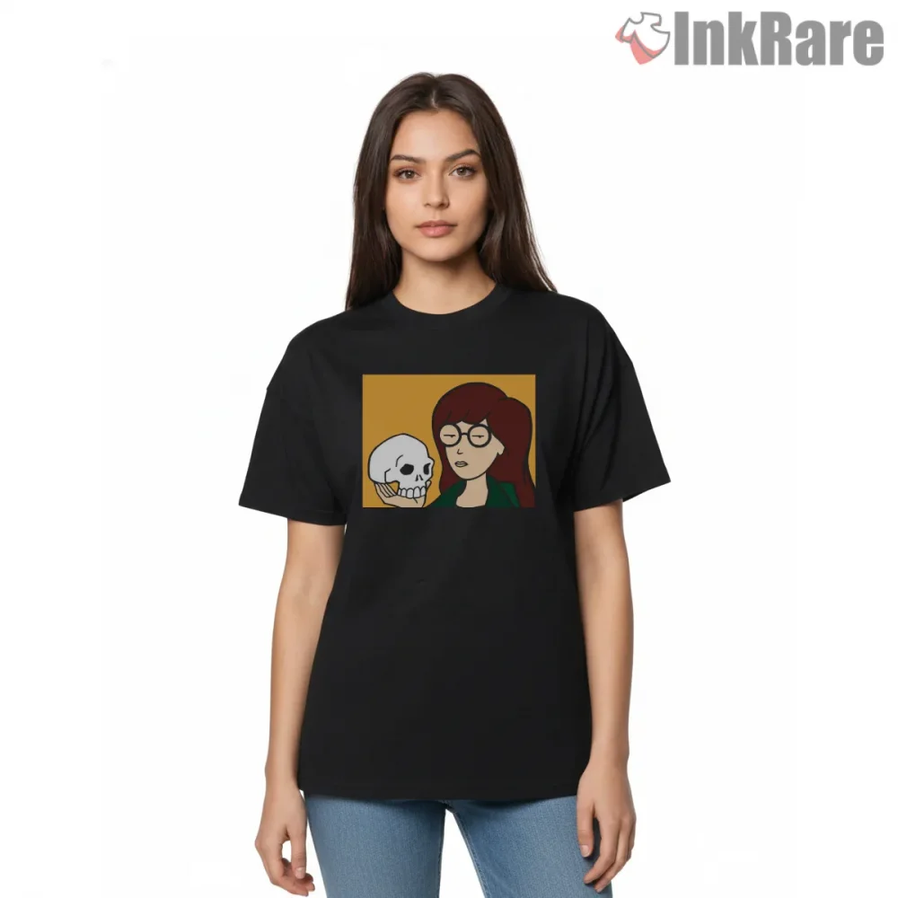 Daria Hamlet Skull Quote Parody Cartoon Shirt on black short sleeve shirt for women graphic tee